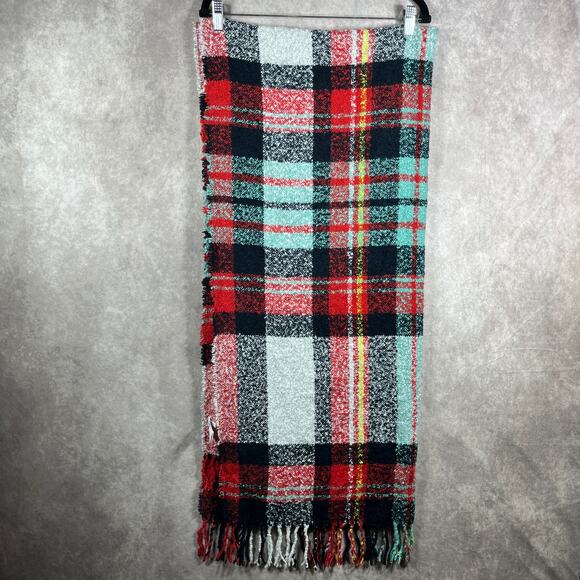American Eagle Scarf Womens One Size Multicolor Plaid Flannel Fringe Trim Boho - Picture 1 of 8